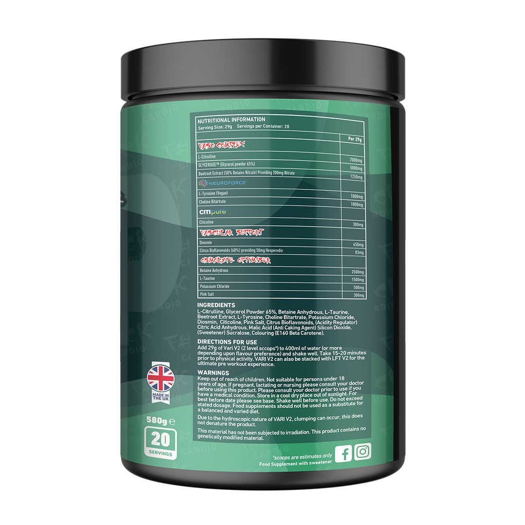 Back of TWP VARI V2 Fruit Pastilles 580g tub displaying supplement facts, ingredient profile, and usage instructions, available at Goodsnet New Zealand.