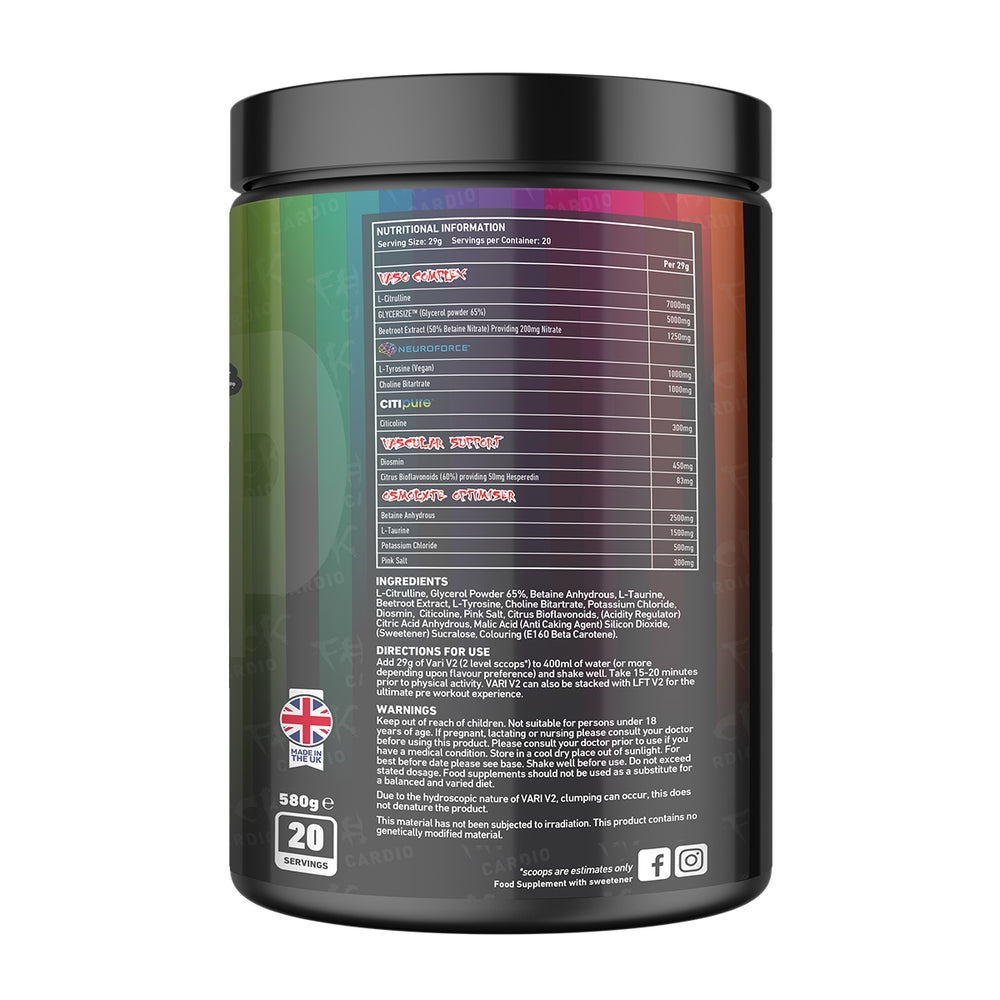 Back of TWP VARI V2 Rainbow Laces 580g tub displaying supplement facts, ingredient profile, and usage instructions, available at Goodsnet New Zealand.