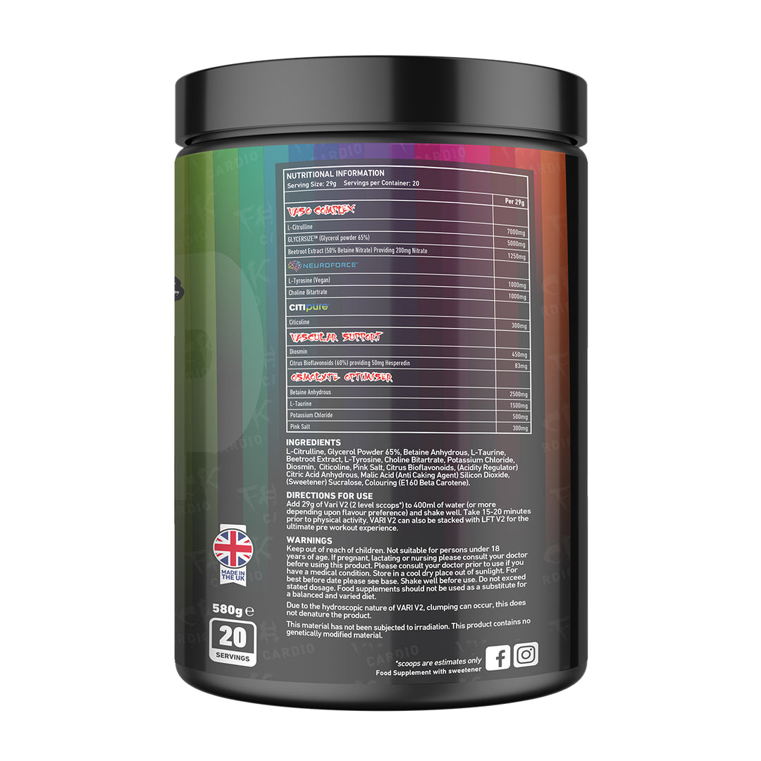 Back of TWP VARI V2 Rainbow Laces 580g tub displaying supplement facts, ingredient profile, and usage instructions, available at Goodsnet New Zealand.