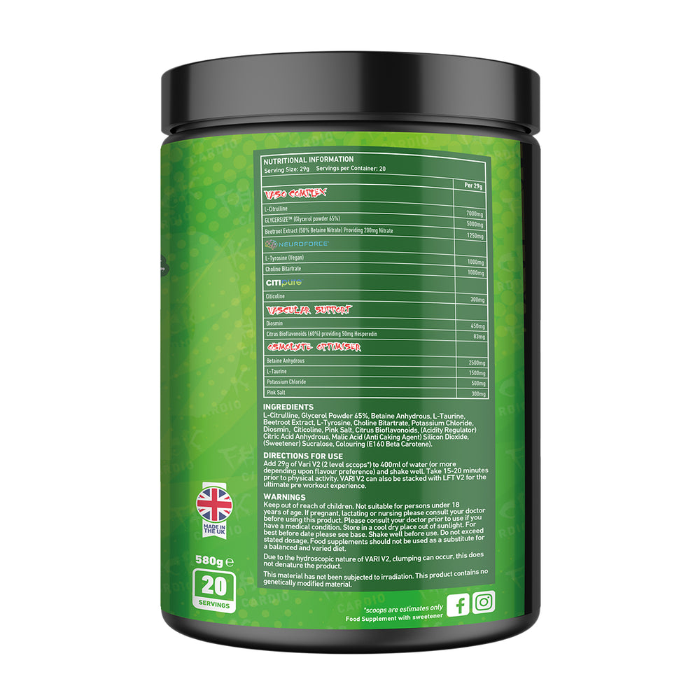 Back of TWP VARI V2 Sour Apple 580g tub displaying supplement facts, ingredient profile, and usage instructions, available at Goodsnet New Zealand.
