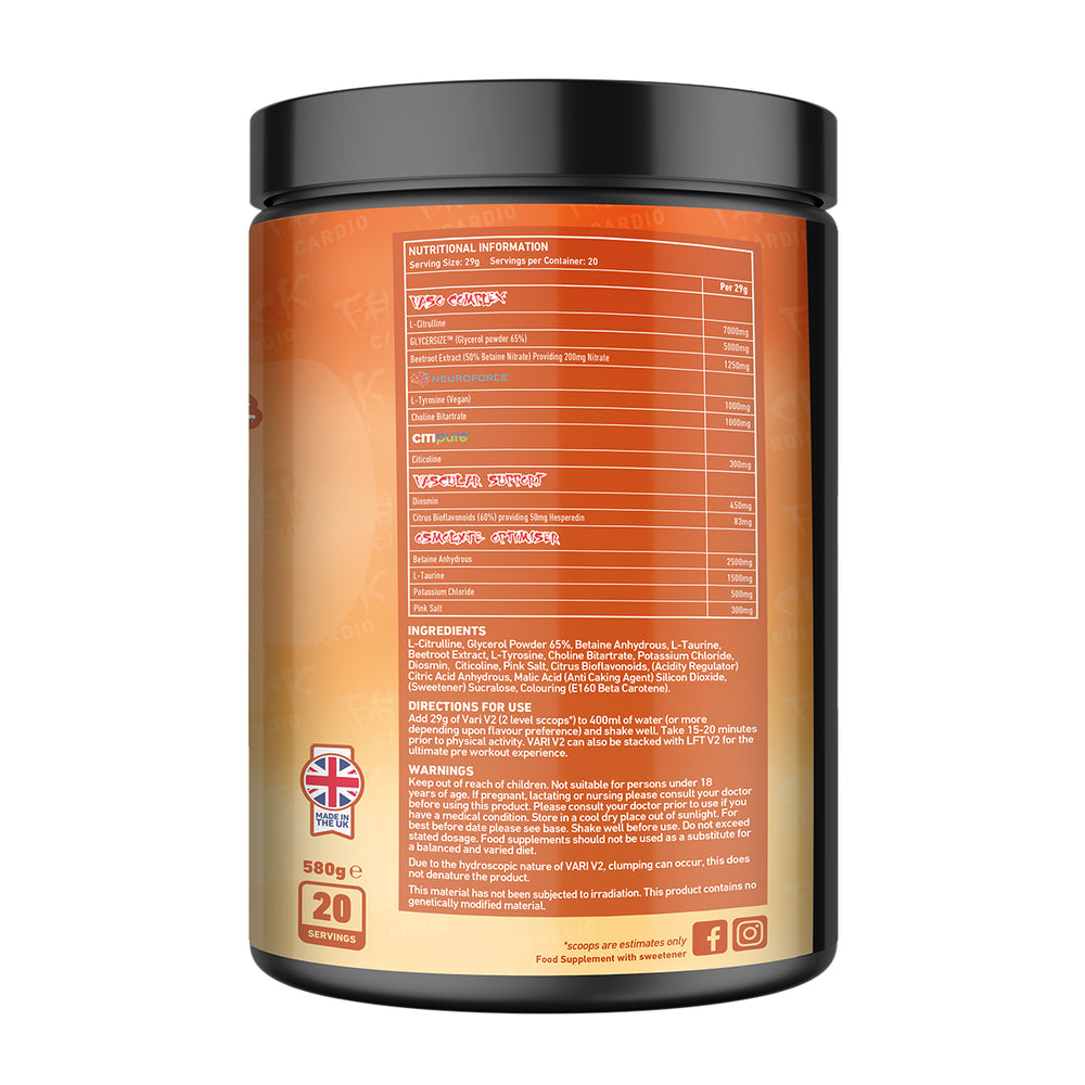 Back of TWP VARI V2 Strawberry Pineapple 580g tub displaying supplement facts, ingredient profile, and usage instructions, available at Goodsnet New Zealand.