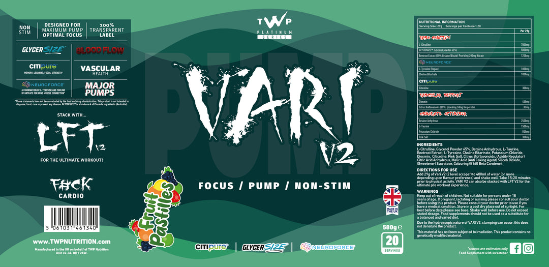 Complete wraparound label of TWP VARI V2 Fruit Pastilles 580g supplement tub, displaying front branding, side panels, supplement facts, and usage instructions, available at Goodsnet New Zealand.