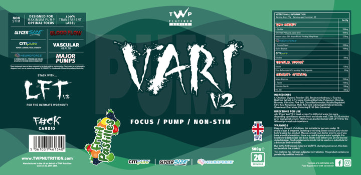 Complete wraparound label of TWP VARI V2 Fruit Pastilles 580g supplement tub, displaying front branding, side panels, supplement facts, and usage instructions, available at Goodsnet New Zealand.