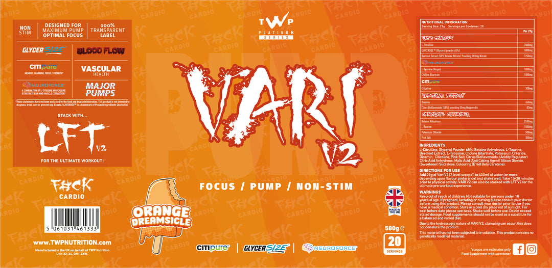 Complete wraparound label of TWP VARI V2 Orange Dreamsicle 580g supplement tub, displaying front branding, side panels, supplement facts, and usage instructions, available at Goodsnet New Zealand.