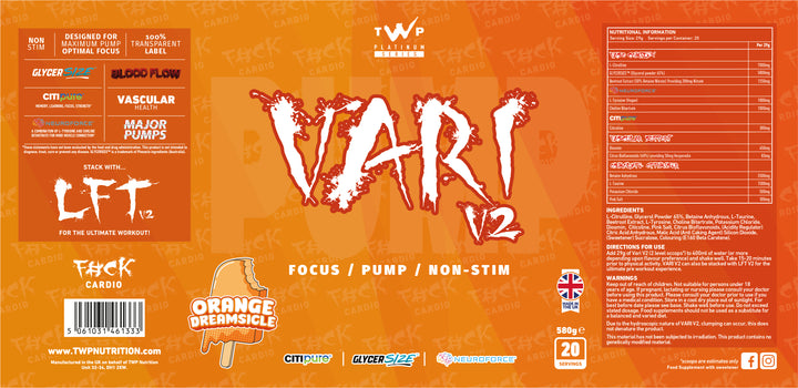Complete wraparound label of TWP VARI V2 Orange Dreamsicle 580g supplement tub, displaying front branding, side panels, supplement facts, and usage instructions, available at Goodsnet New Zealand.