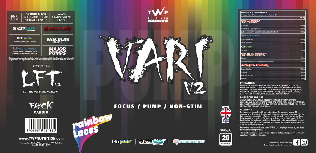 Complete wraparound label of TWP VARI V2 Rainbow Laces 580g supplement tub, displaying front branding, side panels, supplement facts, and usage instructions, available at Goodsnet New Zealand