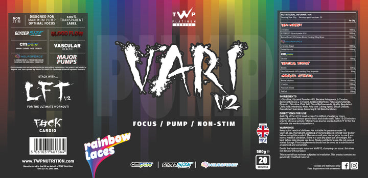 Complete wraparound label of TWP VARI V2 Rainbow Laces 580g supplement tub, displaying front branding, side panels, supplement facts, and usage instructions, available at Goodsnet New Zealand