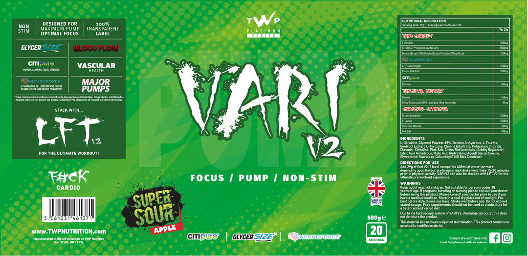Complete wraparound label of TWP VARI V2 Sour Apple 580g supplement tub, displaying front branding, side panels, supplement facts, and usage instructions, available at Goodsnet New Zealand.