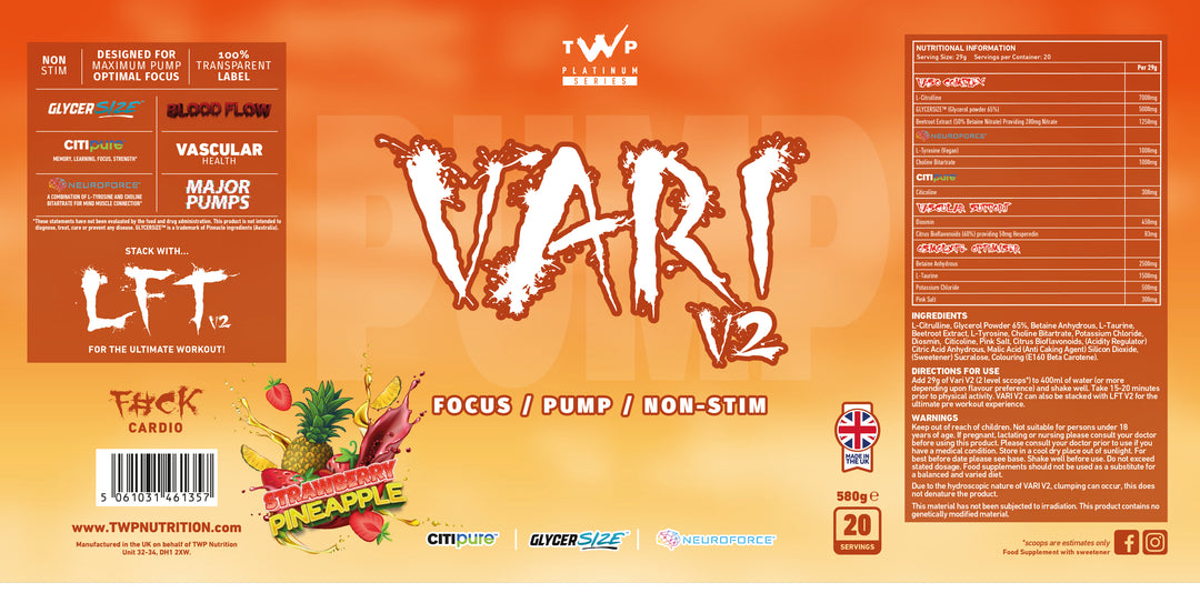 Complete wraparound label of TWP VARI V2 Strawberry Pineapple 580g supplement tub, displaying front branding, side panels, supplement facts, and usage instructions, available at Goodsnet New Zealand.