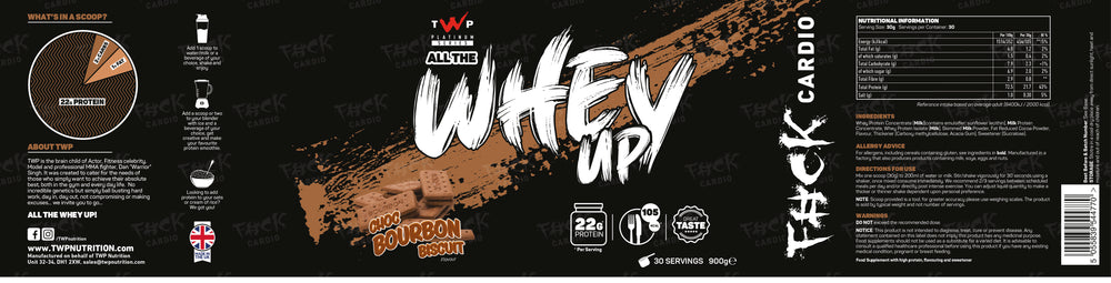 Complete wraparound label of TWP ALL THE WHEY UP Protein Choc Bourbon Biscuit 900g tub, showing front branding, side panels, nutrition facts, and usage instructions, available at Goodsnet New Zealand.