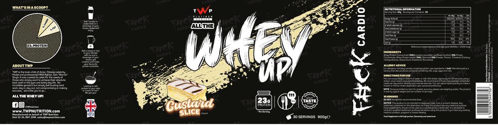 Complete wraparound label of TWP ALL THE WHEY UP Protein Custard Slice 900g tub, showing front branding, side panels, nutrition facts, and usage instructions, available at Goodsnet New Zealand