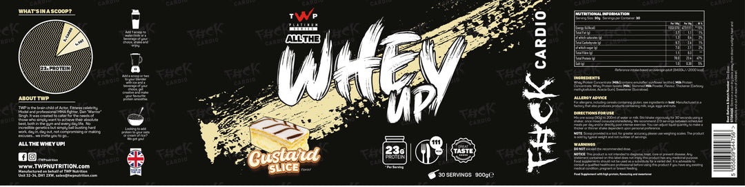Complete wraparound label of TWP ALL THE WHEY UP Protein Custard Slice 900g tub, showing front branding, side panels, nutrition facts, and usage instructions, available at Goodsnet New Zealand