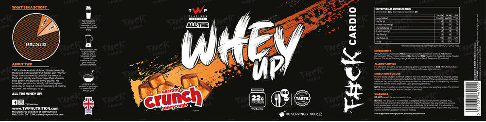 Complete wraparound label of TWP ALL THE WHEY UP Protein Exciting Crunch Honeycomb 900g tub, showing front branding, side panels, nutrition facts, and usage instructions, available at Goodsnet New Zealand.