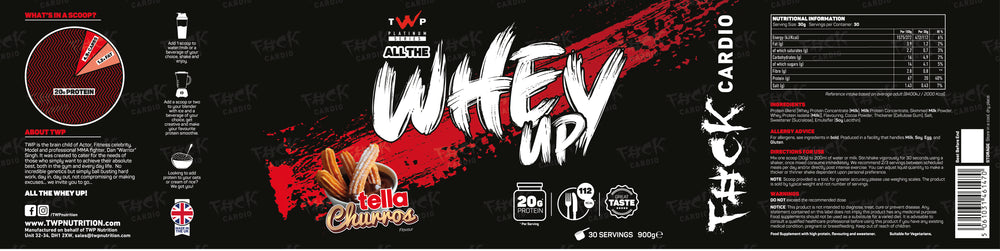 Complete wraparound label of TWP ALL THE WHEY UP Protein Tella Churro-Choc Hazelnut Churro 900g tub, showing front branding, side panels, nutrition facts, and usage instructions, available at Goodsnet New Zealand