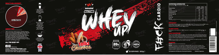 Complete wraparound label of TWP ALL THE WHEY UP Protein Tella Churro-Choc Hazelnut Churro 900g tub, showing front branding, side panels, nutrition facts, and usage instructions, available at Goodsnet New Zealand