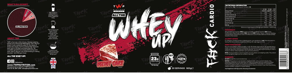 Complete wraparound label of TWP ALL THE WHEY UP Protein Red Velvet Cake 900g tub, showing front branding, side panels, nutrition facts, and usage instructions, available at Goodsnet New Zealand.