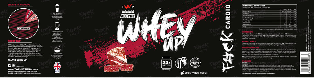 Complete wraparound label of TWP ALL THE WHEY UP Protein Red Velvet Cake 900g tub, showing front branding, side panels, nutrition facts, and usage instructions, available at Goodsnet New Zealand.