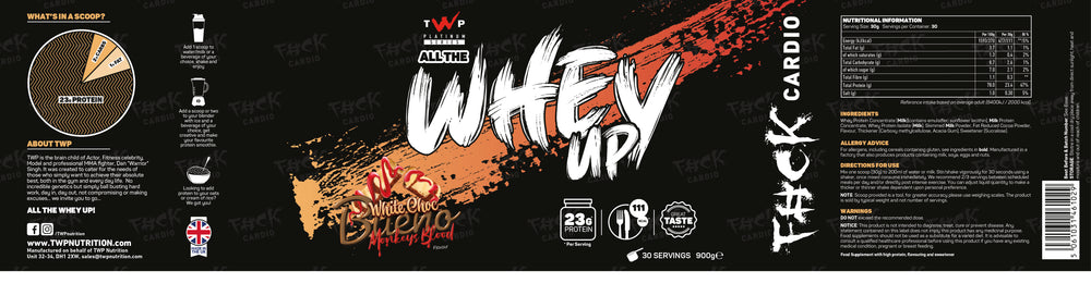 Complete wraparound label of TWP ALL THE WHEY UP Protein White Choc Bueno Monkey Blood Raspberry Sauce 900g tub, showing front branding, side panels, nutrition facts, and usage instructions, available at Goodsnet New Zealand