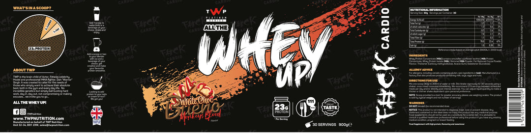 Complete wraparound label of TWP ALL THE WHEY UP Protein White Choc Bueno Monkey Blood Raspberry Sauce 900g tub, showing front branding, side panels, nutrition facts, and usage instructions, available at Goodsnet New Zealand