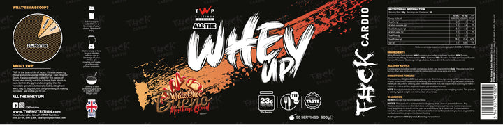Complete wraparound label of TWP ALL THE WHEY UP Protein White Choc Bueno Monkey Blood Raspberry Sauce 900g tub, showing front branding, side panels, nutrition facts, and usage instructions, available at Goodsnet New Zealand