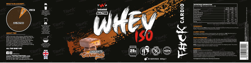 Complete wraparound label of TWP ALL THE WHEY UP ISO Protein Choc Caramel 900g tub, showing front branding, side panels, nutrition facts, and usage instructions, available at Goodsnet New Zealand.