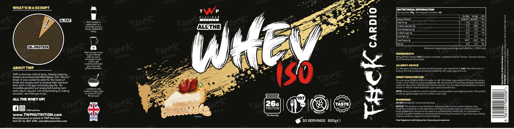 Complete wraparound label of TWP ALL THE WHEY UP ISO Protein Vanilla Cheesecake 900g tub, showing front branding, side panels, nutrition facts, and usage instructions, available at Goodsnet New Zealand.