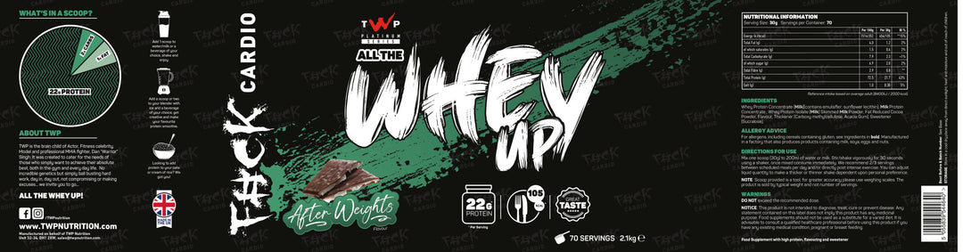Complete wraparound label of TWP ALL THE WHEY UP Protein After Weights-Choc Mint 2.1kg tub, showing front branding, side panels, nutrition facts, and usage instructions, available at Goodsnet New Zealand.