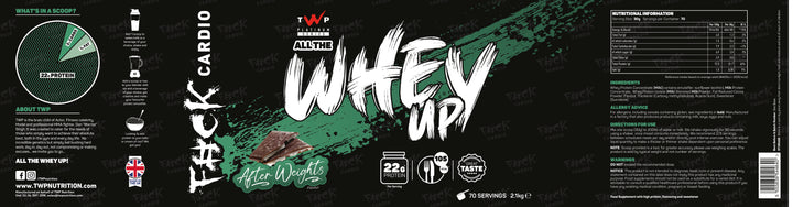 Complete wraparound label of TWP ALL THE WHEY UP Protein After Weights-Choc Mint 2.1kg tub, showing front branding, side panels, nutrition facts, and usage instructions, available at Goodsnet New Zealand.