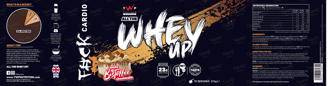Complete wraparound label of TWP ALL THE WHEY UP Protein Sticky Bistoffee Cheesecake 2.1kg tub, showing front branding, side panels, nutrition facts, and usage instructions, available at Goodsnet New Zealand.