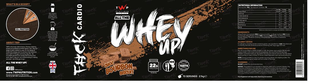 Complete wraparound label of TWP ALL THE WHEY UP Protein Choc Bourbon Biscuit 2.1kg tub, showing front branding, side panels, nutrition facts, and usage instructions, available at Goodsnet New Zealand.