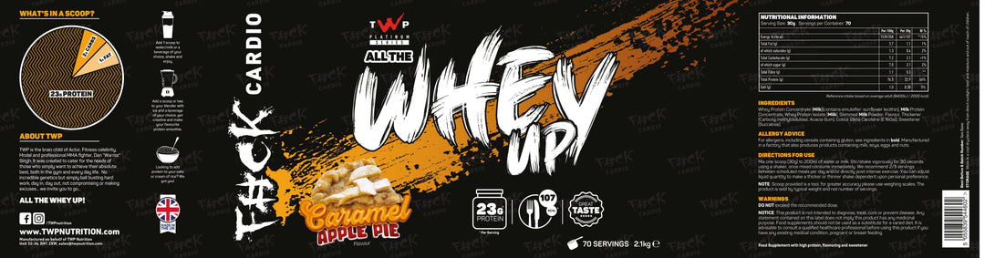 Full label of TWP ALL THE WHEY UP Caramel Apple Pie 2.1kg tub showing all sides
