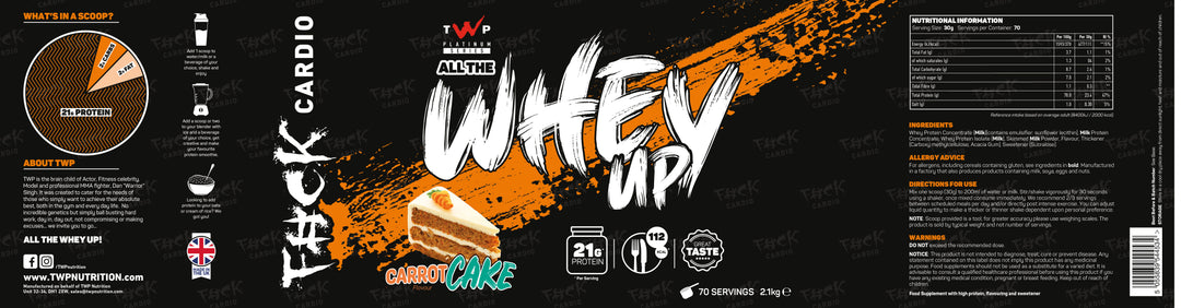 Full label of TWP ALL THE WHEY UP Carrot Cake 2.1kg tub showing all sides