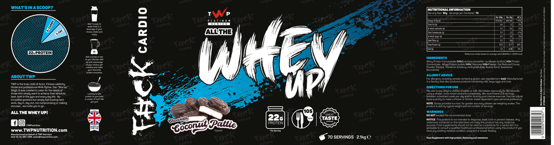 Complete wraparound label of TWP ALL THE WHEY UP Protein Choc Coconut Pattie 2.1kg tub, showing front branding, side panels, nutrition facts, and usage instructions, available at Goodsnet New Zealand.
