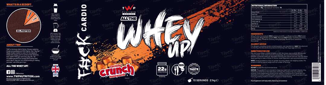 Complete wraparound label of TWP ALL THE WHEY UP Protein Exciting Crunch Honeycomb 2.1kg tub, showing front branding, side panels, nutrition facts, and usage instructions, available at Goodsnet New Zealand.