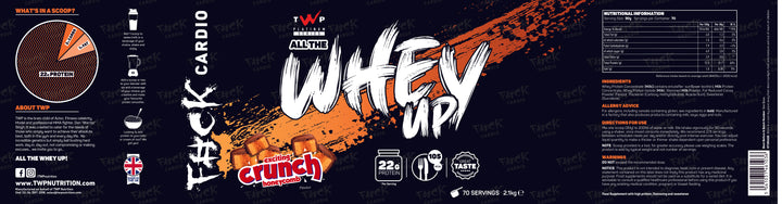 Complete wraparound label of TWP ALL THE WHEY UP Protein Exciting Crunch Honeycomb 2.1kg tub, showing front branding, side panels, nutrition facts, and usage instructions, available at Goodsnet New Zealand.
