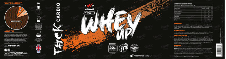Complete wraparound label of TWP ALL THE WHEY UP Protein Chocolate Orange 2.1kg tub, showing front branding, side panels, nutrition facts, and usage instructions, available at Goodsnet New Zealand.