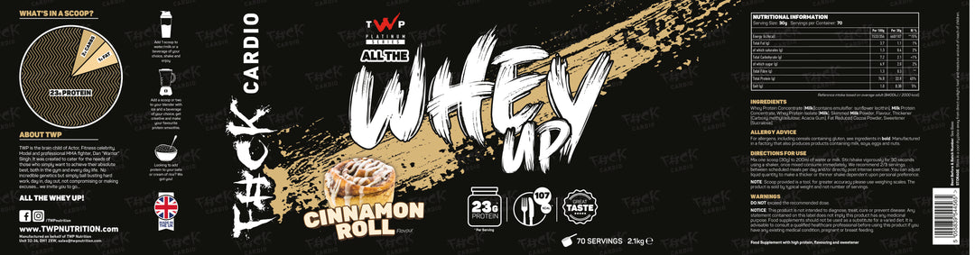 Full label of TWP ALL THE WHEY UP Cinnamon Roll 2.1kg tub showing all sides