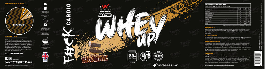 Complete wraparound label of TWP ALL THE WHEY UP Protein Cookie Dough Brownie 2.1kg tub, showing front branding, side panels, nutrition facts, and usage instructions, available at Goodsnet New Zealand.