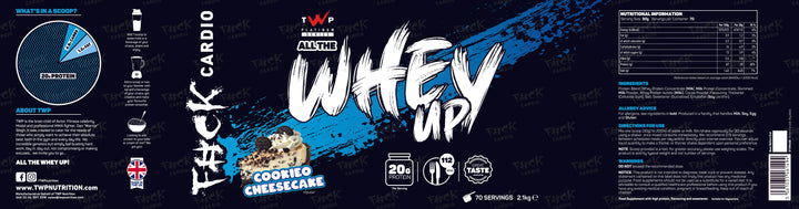 Complete wraparound label of TWP ALL THE WHEY UP Protein Cookeo Cheesecake 2.1kg tub, showing front branding, side panels, nutrition facts, and usage instructions, available at Goodsnet New Zealand.