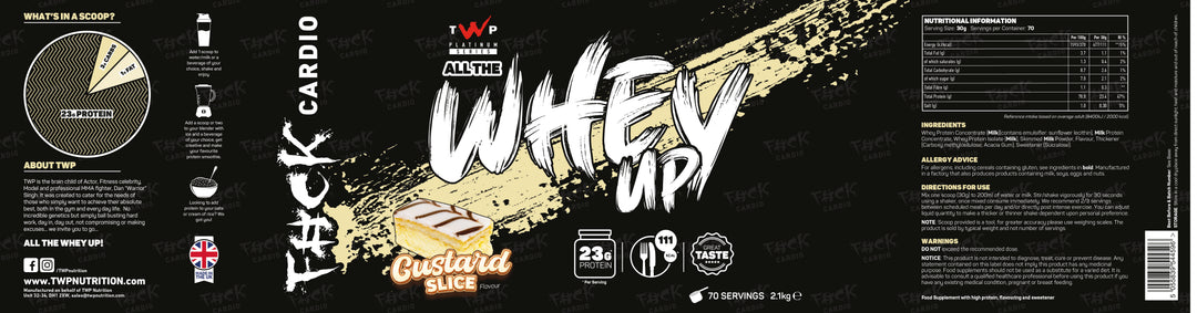 Full label of TWP ALL THE WHEY UP Custard Slice 2.1kg tub showing all sides