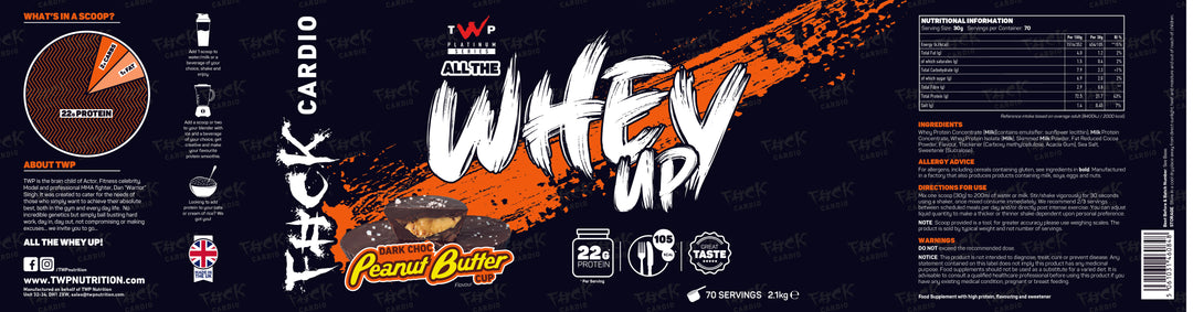 Complete wraparound label of TWP ALL THE WHEY UP Protein Dark Choc Peanut 2.1kg tub, showing front branding, side panels, nutrition facts, and usage instructions, available at Goodsnet New Zealand.