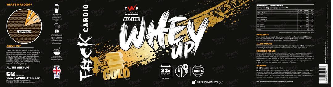 Complete wraparound label of TWP ALL THE WHEY UP Protein Gold 2.1kg tub, showing front branding, side panels, nutrition facts, and usage instructions, available at Goodsnet New Zealand.