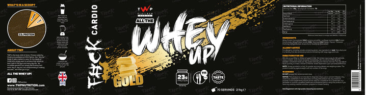 Complete wraparound label of TWP ALL THE WHEY UP Protein Gold 2.1kg tub, showing front branding, side panels, nutrition facts, and usage instructions, available at Goodsnet New Zealand.