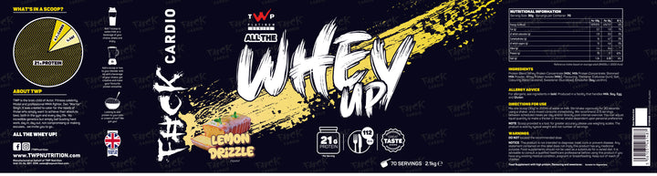 Complete wraparound label of TWP ALL THE WHEY UP Protein Lemon Drizzle Cake 2.1kg tub, showing front branding, side panels, nutrition facts, and usage instructions, available at Goodsnet New Zealand.