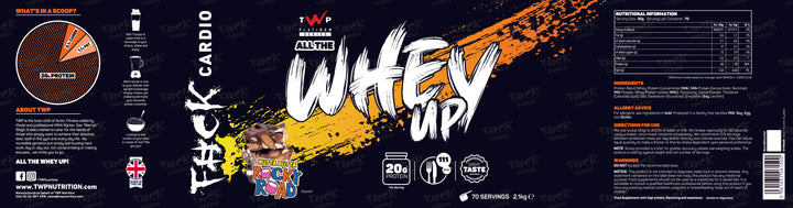 Complete wraparound label of TWP ALL THE WHEY UP Protein Peanut Butter Rocky Road 2.1kg tub, showing front branding, side panels, nutrition facts, and usage instructions, available at Goodsnet New Zealand.