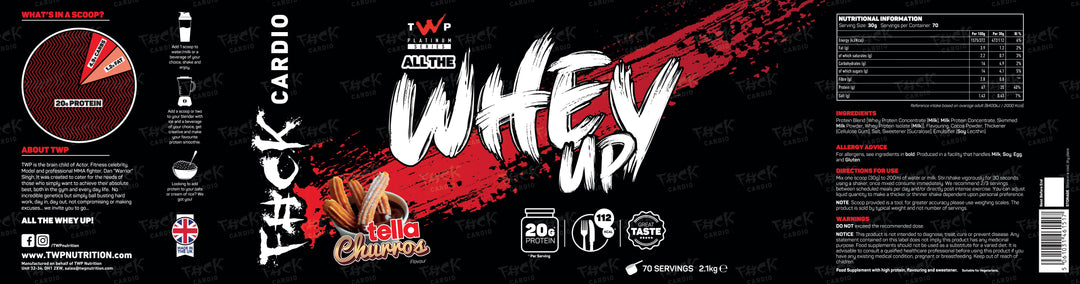 Complete wraparound label of TWP ALL THE WHEY UP Protein Tella Churro-Choc Hazelnut Churro 2.1kg tub, showing front branding, side panels, nutrition facts, and usage instructions, available at Goodsnet New Zealand