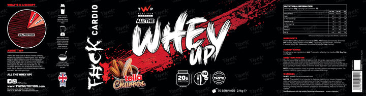 Complete wraparound label of TWP ALL THE WHEY UP Protein Tella Churro-Choc Hazelnut Churro 2.1kg tub, showing front branding, side panels, nutrition facts, and usage instructions, available at Goodsnet New Zealand