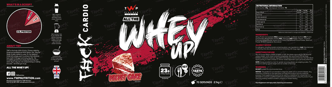 Full label of TWP ALL THE WHEY UP Red Velvet Cake 2.1kg tub showing all sides