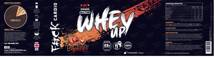 Complete wraparound label of TWP ALL THE WHEY UP Protein White Choc Bueno Monkey Blood Raspberry Sauce 2.1kg tub, showing front branding, side panels, nutrition facts, and usage instructions, available at Goodsnet New Zealand.